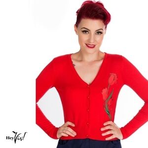 Red Fitted Cardigan Sweater w Rose Print V Neck Button Up Size Small - Hey Viv